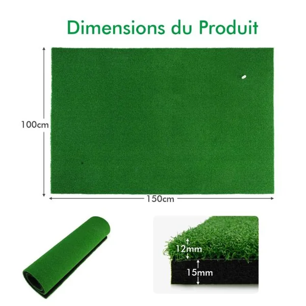 Tapis de Frappe de Golf 1,5 x 1m avec 2 Positions de Tee et 3 Tees en Caoutchouc Inclus pour Intérieur et Extérieur