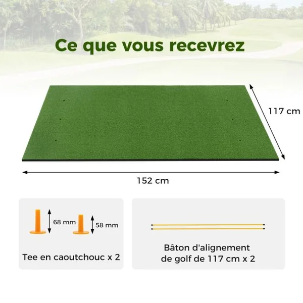 Tapis de Frappe pour Entraînement de Golf avec Gazon Synthétique 2 Tees de golf 2 Bâtons d'Alignement Trous de Tee Pré-percés 152 x 92 cm/152 x 117 cm