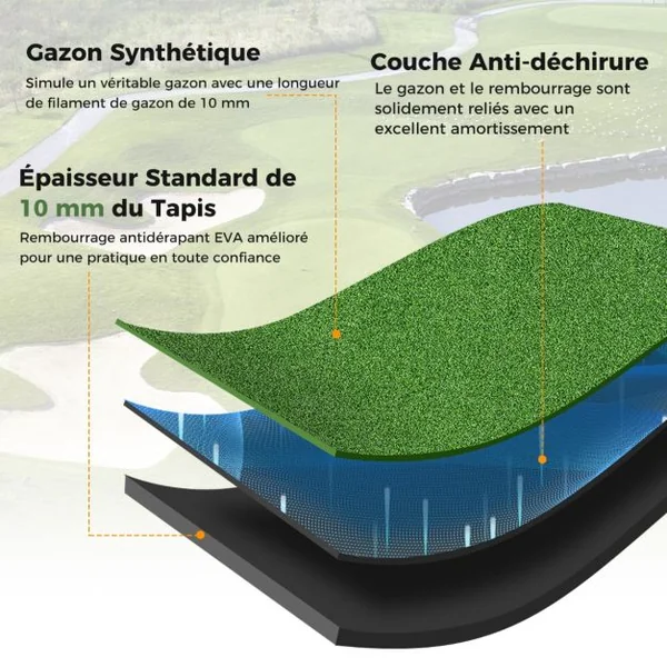 Tapis de Frappe pour Entraînement de Golf avec Gazon Synthétique 2 Tees de golf 2 Bâtons d'Alignement Trous de Tee Pré-percés Épaisseur 27 mm 152 x 92 cm/152 x 117 cm