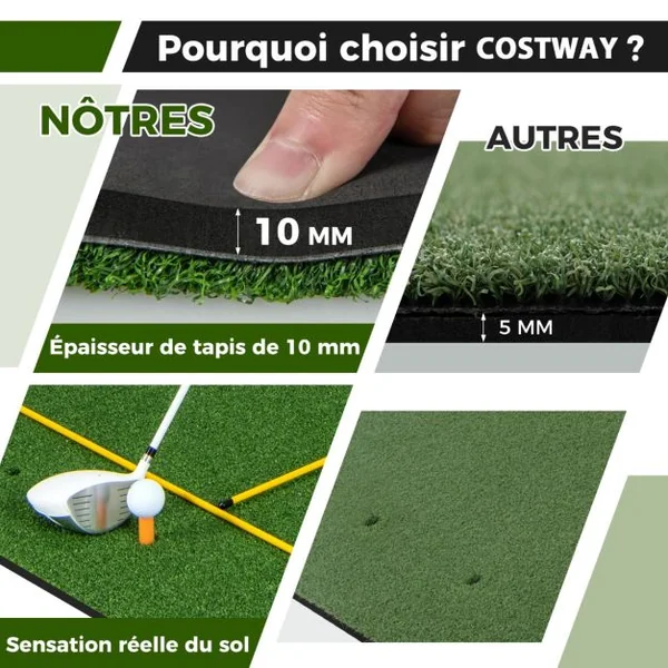 Tapis de Frappe pour Entraînement de Golf avec Gazon Synthétique 2 Tees de golf 2 Bâtons d'Alignement Trous de Tee Pré-percés Épaisseur 27 mm 152 x 92 cm/152 x 117 cm