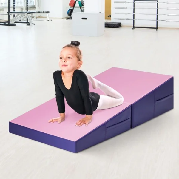 Tapis de Gymnastique Incliné 150 x 75 x 36 cm Matelas de Gym Angle Droit Pliable avec Poignée de Transport Surface Anti-déchirure Rose