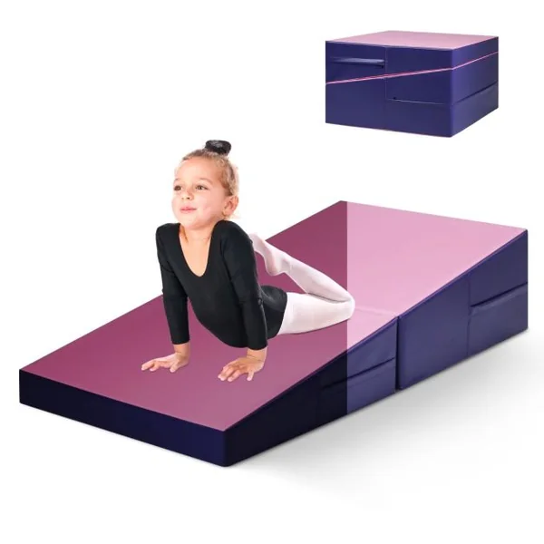 Tapis de Gymnastique Incliné 150 x 75 x 36 cm Matelas de Gym Angle Droit Pliable avec Poignée de Transport Surface Anti-déchirure Rose