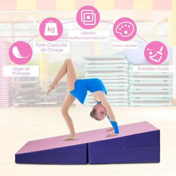 Tapis de Gymnastique Incliné 150 x 75 x 36 cm Matelas de Gym Angle Droit Pliable avec Poignée de Transport Surface Anti-déchirure Rose