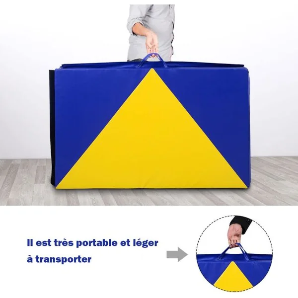Tapis de Gymnastique Pliable 4 Plis Matelas de Fitness Portable pour Fitness Yoga et Sport 300 x 120 x 5 cm Bleu+Jaune
