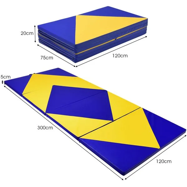 Tapis de Gymnastique Pliable 4 Plis Matelas de Fitness Portable pour Fitness Yoga et Sport 300 x 120 x 5 cm Bleu+Jaune