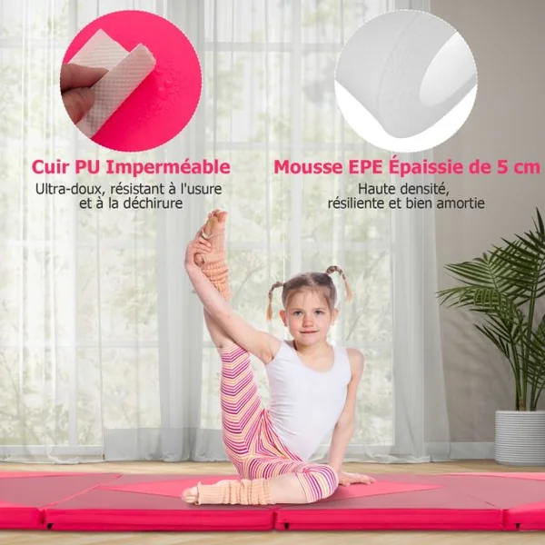 Tapis de Gymnastique Pliable de 240 Cm en Cuir Pu Attaches Auto-agrippantes pour Étirements Yoga Arts Martiaux Aérobic pour Sport à Domicile 8 Couleurs au Choix