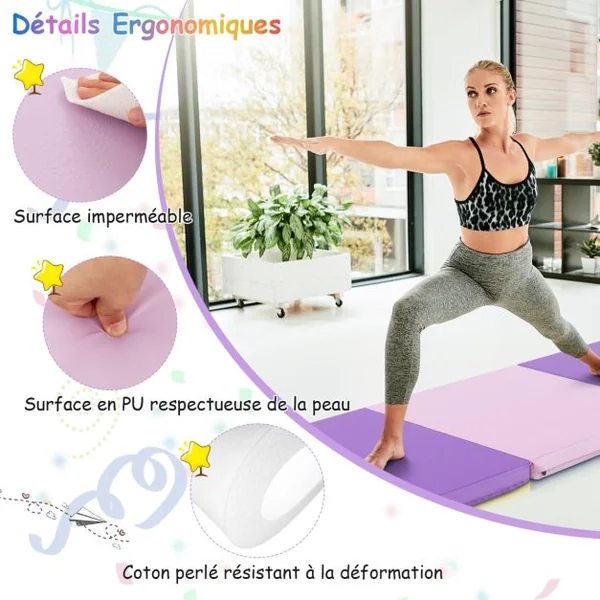 Tapis de Gymnastique Pliable en 3 Parties Antidérapant avec 2 Poignées Tapis de Chute de Yoga 10 Couleurs au Choix