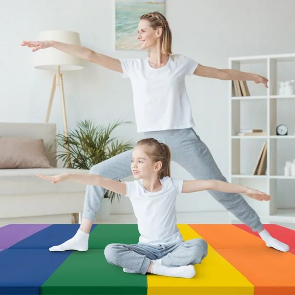 Tapis de Gymnastique Pliable Epais à 3 Panneaux Matelas d'Entrainement Léger en Mousse et PU avec Poignées de Transport Multicolore