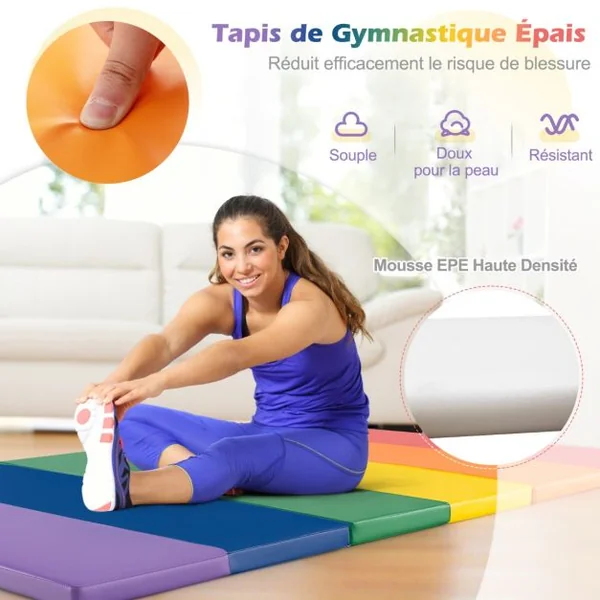 Tapis de Gymnastique Pliable Epais à 3 Panneaux Matelas d'Entrainement Léger en Mousse et PU avec Poignées de Transport Multicolore