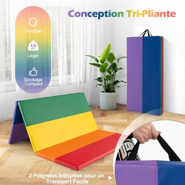 Tapis de Gymnastique Pliable Epais à 3 Panneaux Matelas d'Entrainement Léger en Mousse et PU avec Poignées de Transport Multicolore