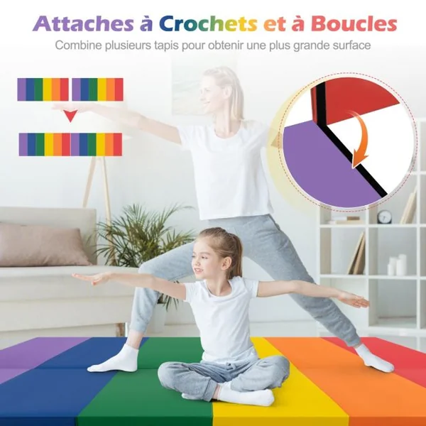 Tapis de Gymnastique Pliable Epais à 3 Panneaux Matelas d'Entrainement Léger en Mousse et PU avec Poignées de Transport Multicolore