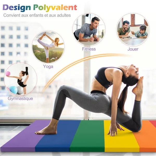 Tapis de Gymnastique Pliable Epais à 3 Panneaux Matelas d'Entrainement Léger en Mousse et PU avec Poignées de Transport Multicolore