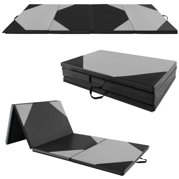 Tapis de Gymnastique Pliable Epais à 4 Panneaux Matelas d'Entrainement en Mousse et PU avec Poignées Attaches Auto-agrippantes Gris/Rose/Violet