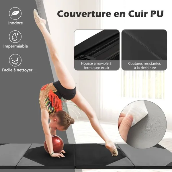 Tapis de Gymnastique Pliable Epais à 4 Panneaux Matelas d'Entrainement en Mousse et PU avec Poignées Attaches Auto-agrippantes Gris/Rose/Violet