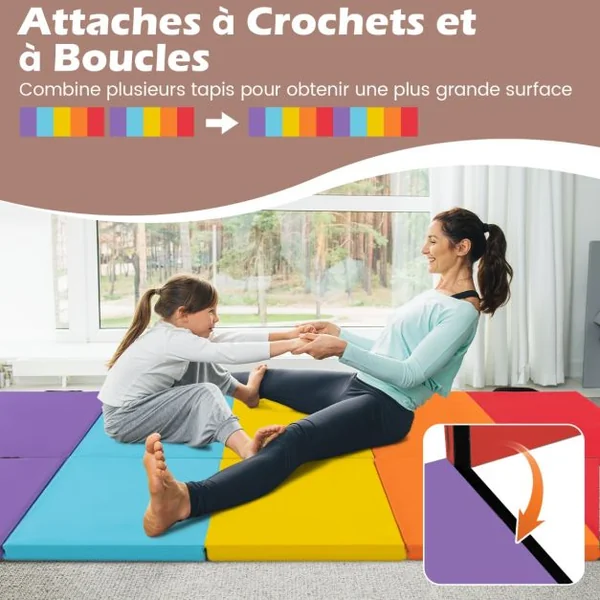 Tapis de Gymnastique Pliable Epais à 5 Panneaux Matelas d'Entrainement Léger en Mousse et PU avec Poignées de Transport Multicolore