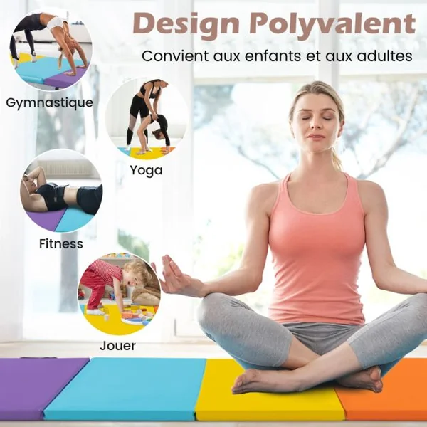 Tapis de Gymnastique Pliable Epais à 5 Panneaux Matelas d'Entrainement Léger en Mousse et PU avec Poignées de Transport Multicolore