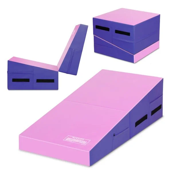 Tapis de Gymnastique Pliable Incliné 120 x 60 x 35 cm avec Poignée et Fermetures Éclair Surface en PVC Anti-déchirure Exercice Aérobic Rose+Violet