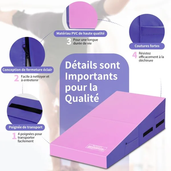 Tapis de Gymnastique Pliable Incliné 120 x 60 x 35 cm avec Poignée et Fermetures Éclair Surface en PVC Anti-déchirure Exercice Aérobic Rose+Violet