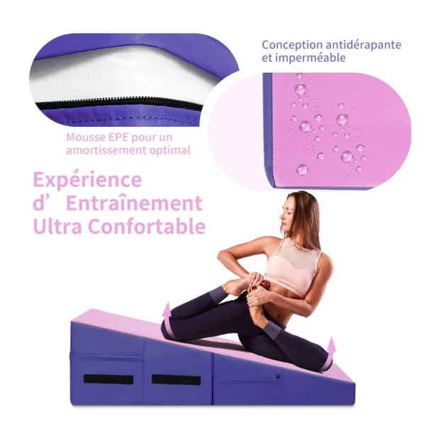 Tapis de Gymnastique Pliable Incliné 120 x 60 x 35 cm avec Poignée et Fermetures Éclair Surface en PVC Anti-déchirure Exercice Aérobic Rose+Violet
