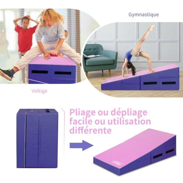 Tapis de Gymnastique Pliable Incliné 120 x 60 x 35 cm avec Poignée et Fermetures Éclair Surface en PVC Anti-déchirure Exercice Aérobic Rose+Violet