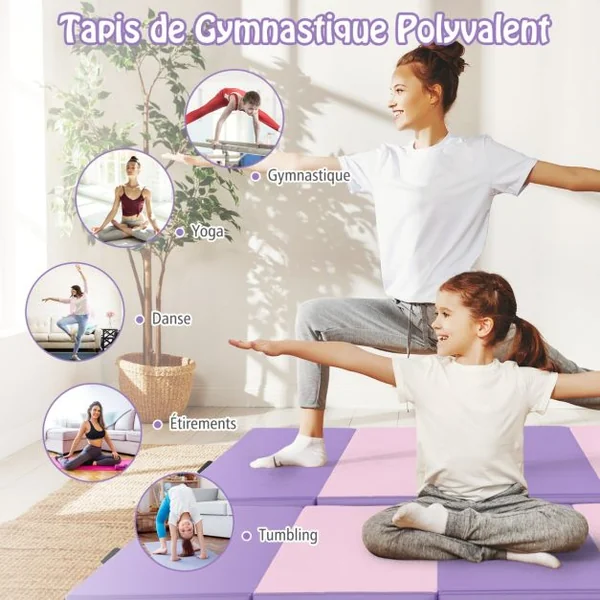 Tapis de Gymnastique Pliable Tapis Portable pour Fitness Yoga Sport Exercice en EPE et PU 240x120x5cm Bleu/Noir/Rose pale/Rose/Rose+Violet/Bleu+Rose