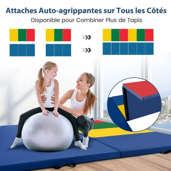 Tapis de Gymnastique Pliable à 4 Plis avec Poignées Tapis en cuir PU avec Attaches Auto-Agrippantes Entaînements de Base 9 Couleurs au Choix