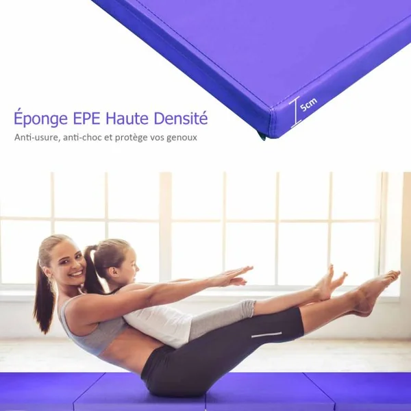 Tapis de Gymnastique Épais 300 x 116 x 5 cm Matelas d'Entrainement Pliable en Mousse et PU Détachable avec 2 Poignées Fermetures à Crochet Violet