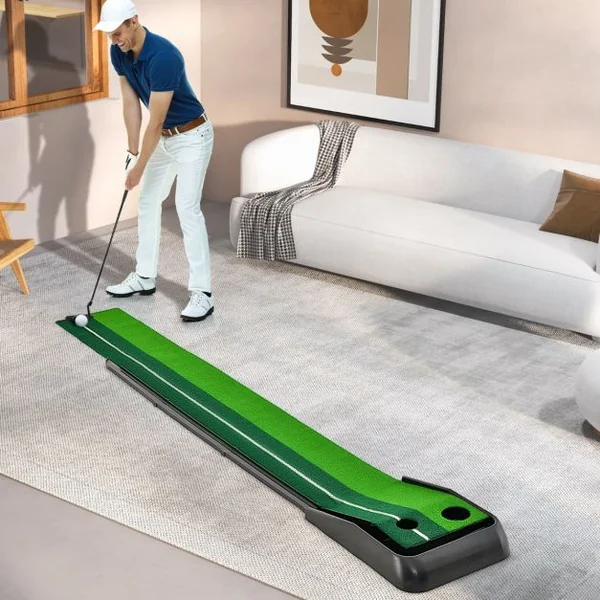 Tapis de Putting Entraînement Golf de 250 CM Golf Putting Piste de Retour Automatique de Balle avec 2 Trous Ligne Directrice pour Intérieur