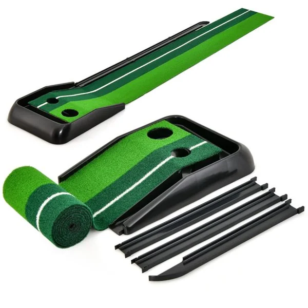 Tapis de Putting Entraînement Golf de 250 CM Golf Putting Piste de Retour Automatique de Balle avec 2 Trous Ligne Directrice pour Intérieur