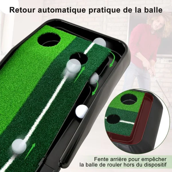 Tapis de Putting Entraînement Golf de 250 CM Golf Putting Piste de Retour Automatique de Balle avec 2 Trous Ligne Directrice pour Intérieur
