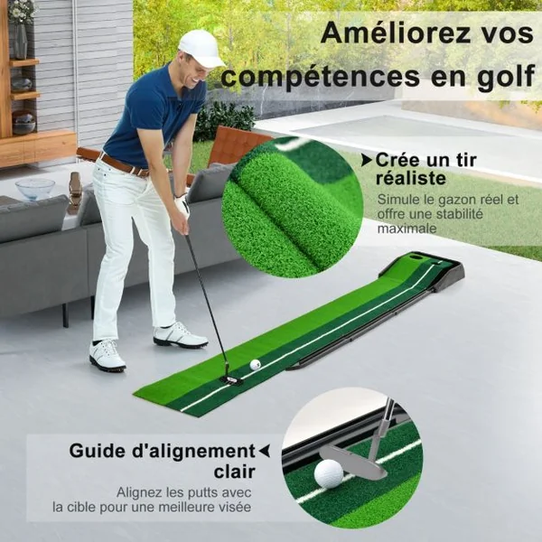 Tapis de Putting Entraînement Golf de 250 CM Golf Putting Piste de Retour Automatique de Balle avec 2 Trous Ligne Directrice pour Intérieur