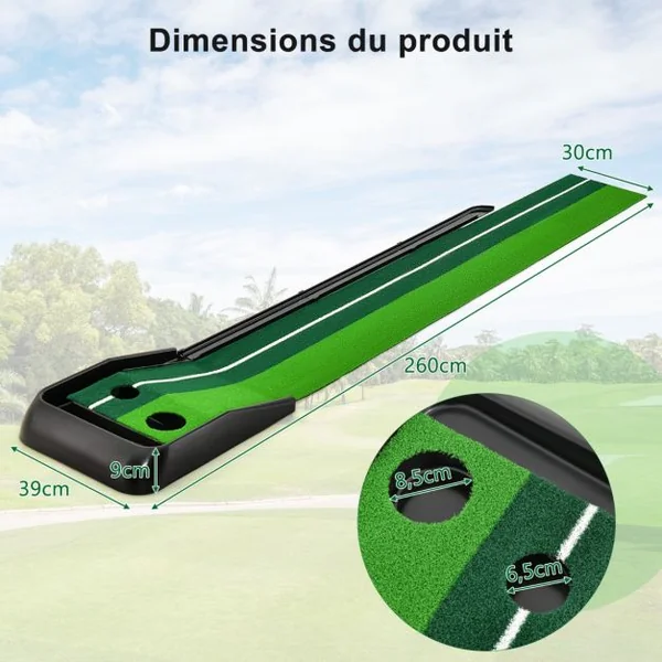 Tapis de Putting Entraînement Golf de 250 CM Golf Putting Piste de Retour Automatique de Balle avec 2 Trous Ligne Directrice pour Intérieur