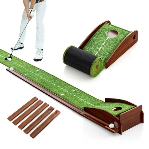 Tapis de Putting Entraînement Golf de 274 cm Golf Putting Piste de Retour Automatique de Balle avec 1 Trou Ligne Directrice 3 Balles de Golf