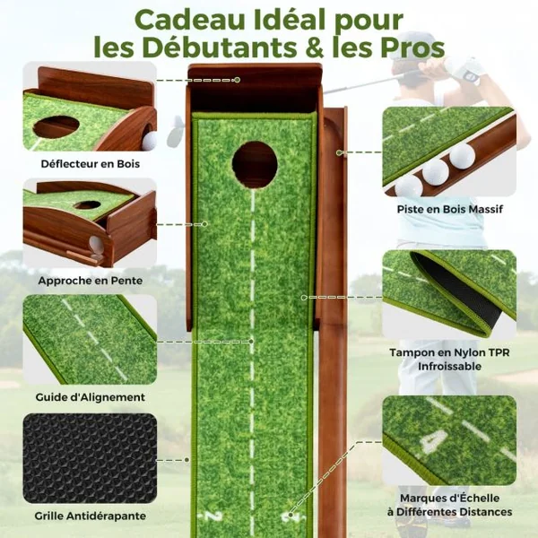 Tapis de Putting Entraînement Golf de 274 cm Golf Putting Piste de Retour Automatique de Balle avec 1 Trou Ligne Directrice 3 Balles de Golf