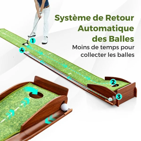 Tapis de Putting Entraînement Golf de 274 cm Golf Putting Piste de Retour Automatique de Balle avec 1 Trou Ligne Directrice 3 Balles de Golf