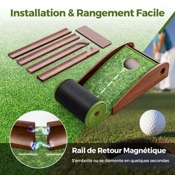 Tapis de Putting Entraînement Golf de 274 cm Golf Putting Piste de Retour Automatique de Balle avec 1 Trou Ligne Directrice 3 Balles de Golf