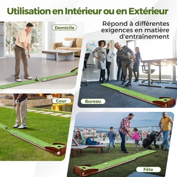 Tapis de Putting Entraînement Golf de 274 cm Golf Putting Piste de Retour Automatique de Balle avec 1 Trou Ligne Directrice 3 Balles de Golf