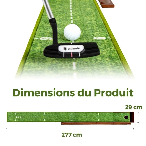 Tapis de Putting Entraînement Golf de 274 cm Golf Putting Piste de Retour Automatique de Balle avec 1 Trou Ligne Directrice 3 Balles de Golf