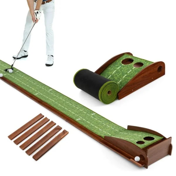 Tapis de Putting Entraînement Golf de 302 cm Golf Putting Piste de Retour Automatique de Balle avec 2/3 Tailles de Trous 2/3 Balles de Golf