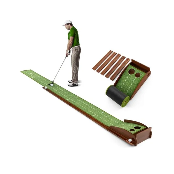 Tapis de Putting Entraînement Golf de 302 cm Golf Putting Piste de Retour Automatique de Balle avec 2/3 Tailles de Trous 2/3 Balles de Golf