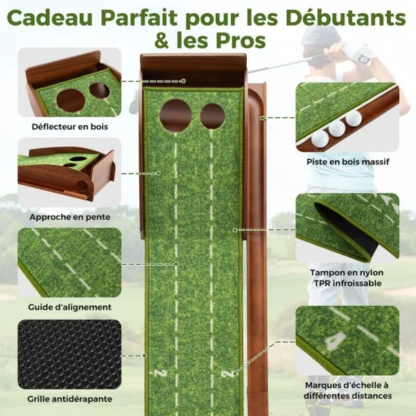 Tapis de Putting Entraînement Golf de 302 cm Golf Putting Piste de Retour Automatique de Balle avec 2/3 Tailles de Trous 2/3 Balles de Golf