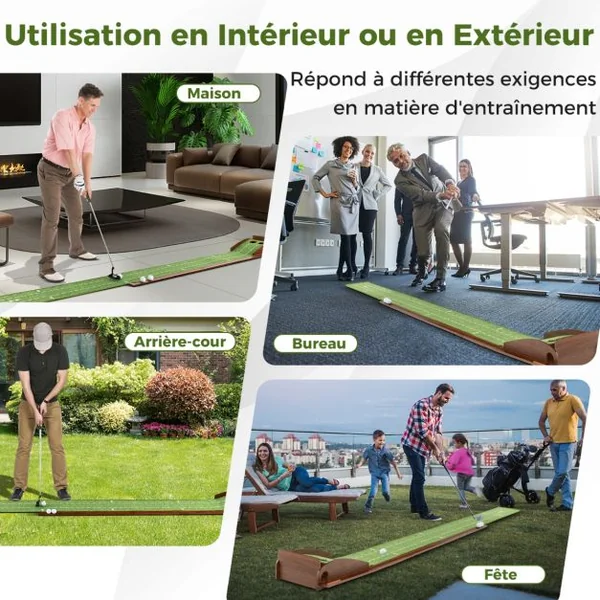Tapis de Putting Entraînement Golf de 302 cm Golf Putting Piste de Retour Automatique de Balle avec 2/3 Tailles de Trous 2/3 Balles de Golf