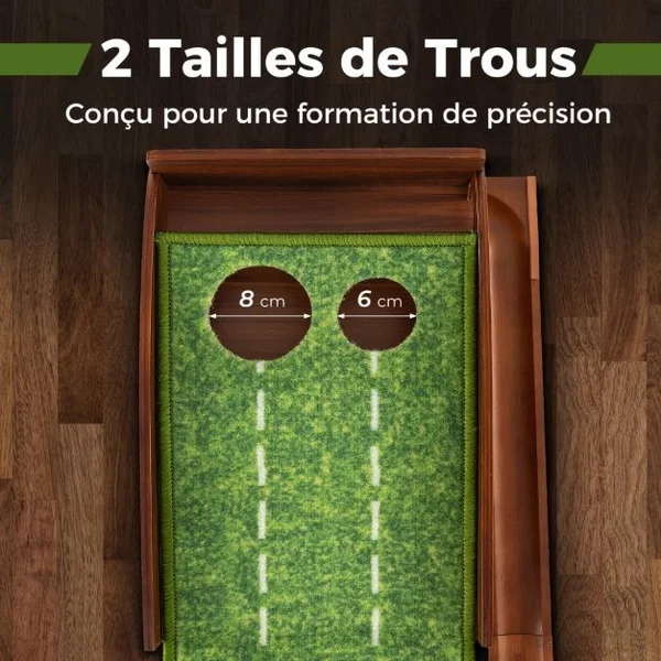Tapis de Putting Entraînement Golf de 302 cm Golf Putting Piste de Retour Automatique de Balle avec 2/3 Tailles de Trous 2/3 Balles de Golf
