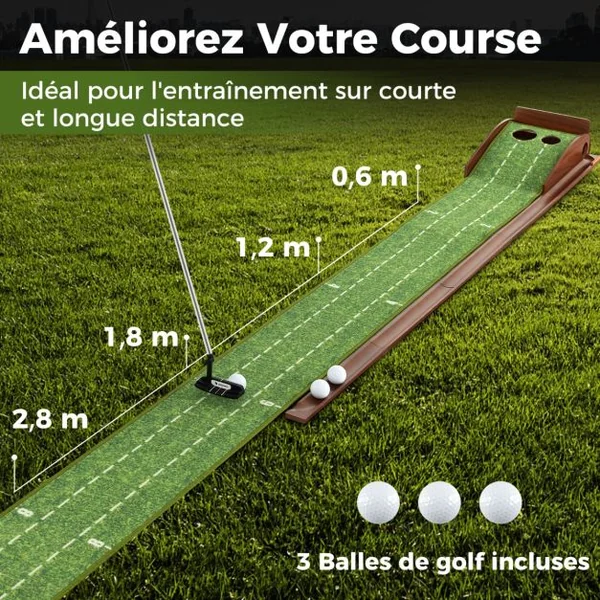 Tapis de Putting Entraînement Golf de 302 cm Golf Putting Piste de Retour Automatique de Balle avec 2/3 Tailles de Trous 2/3 Balles de Golf