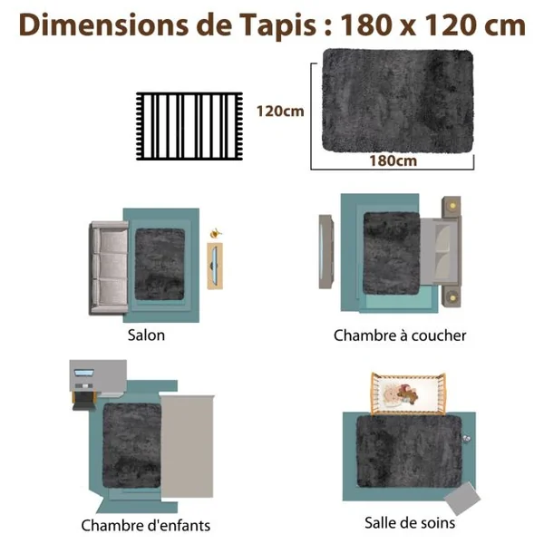 Tapis de Salon Shaggy 180 x 120 CM Peluche en Fibre de Polypropylène Souple Tapis Antidérapante Gris Foncé