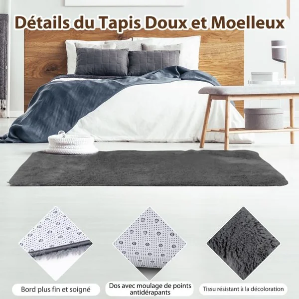Tapis de Salon Shaggy 180 x 120 CM Peluche en Fibre de Polypropylène Souple Tapis Antidérapante Gris Foncé