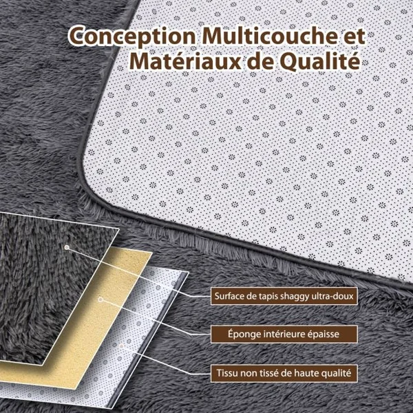 Tapis de Salon Shaggy 180 x 120 CM Peluche en Fibre de Polypropylène Souple Tapis Antidérapante Gris Foncé