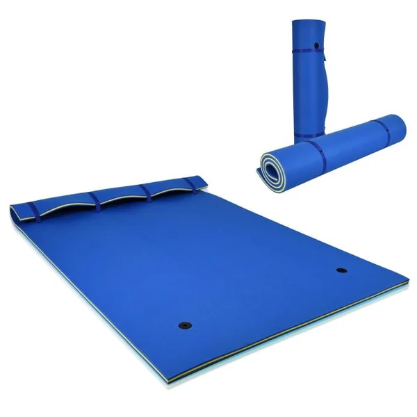 Tapis Flottant d’Eau en Mousse XPE Résistant aux Déchirures Matelas Flottant avec Oreiller Roulant & Cordon Élastique Coussin Flottant Bleu