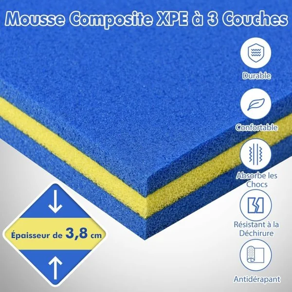 Tapis Flottant d’Eau en Mousse XPE Résistant aux Déchirures Matelas Flottant avec Oreiller Roulant & Cordon Élastique Coussin Flottant Bleu