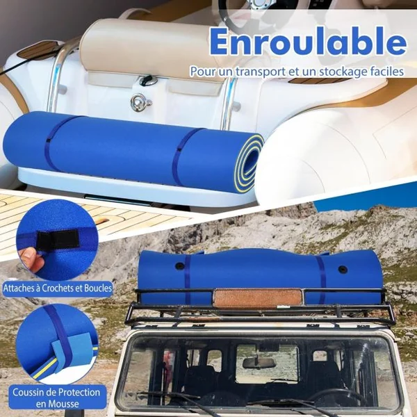 Tapis Flottant d’Eau en Mousse XPE Résistant aux Déchirures Matelas Flottant avec Oreiller Roulant & Cordon Élastique Coussin Flottant Bleu